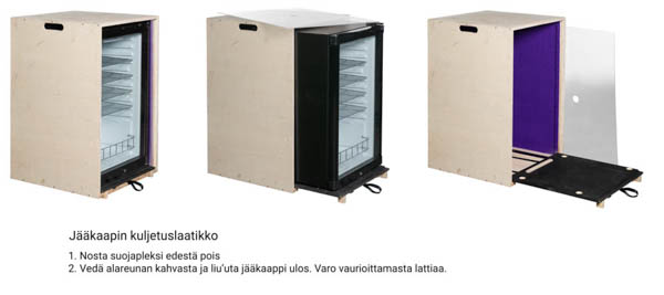 Matalamman jääkaappimme kuljetuslaatikko ja kuvasarja missä näytetään kuljetuslaatikon toimintatapa