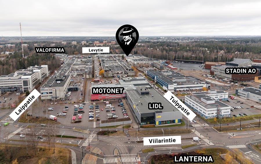 Cosa Nostra Crew Oy:n sijainti Roihupellon teollisuusalueella merkittynä ilmakuvaan