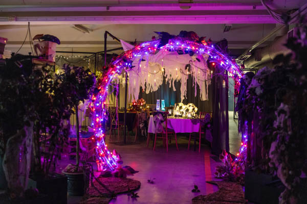 Iso hääkaari (kukkakaari) somistettuna kankailla, erivärisillä valoilla sekä tekolinnuilla. Taustalla muuta Halloween-somistusta.