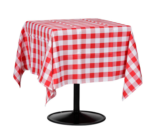 Punavalkoinen Bistro pöytäliina ruutukuosilla, matalassa neliökantisessa Basso kahvipöydässä