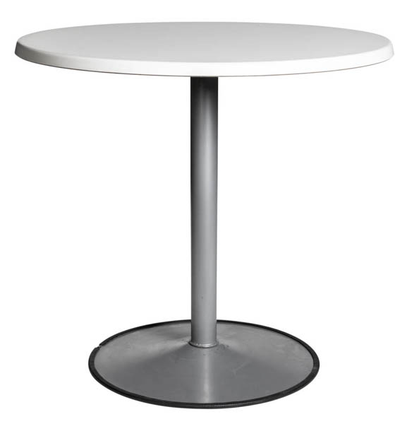Kahvipöytä jossa on valkoinen pyöreä iso 80cm pöytälevy ja harmaa