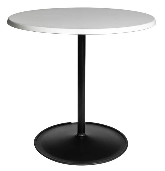 Kahvipöytä jossa on valkoinen pyöreä iso 80cm pöytälevy ja musta jalka