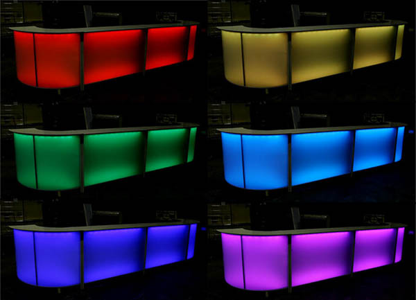 Kuusi LED-valobaaritiskin valon väriesimerkkiä