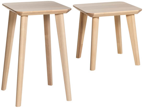 Kaksi XS-koon pienikokoisinta (45x45 cm) Saarni-pöytä korkeilla ja matalilla jaloilla