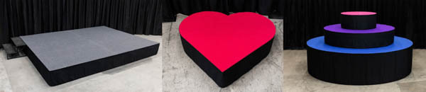 Kolme erilaista esiintymislavoista toteutettua ratkaisua