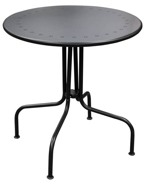 Metallinen kokomusta pyöreäkantinen kahvilapöytä jossa on siro neliosainen jalka