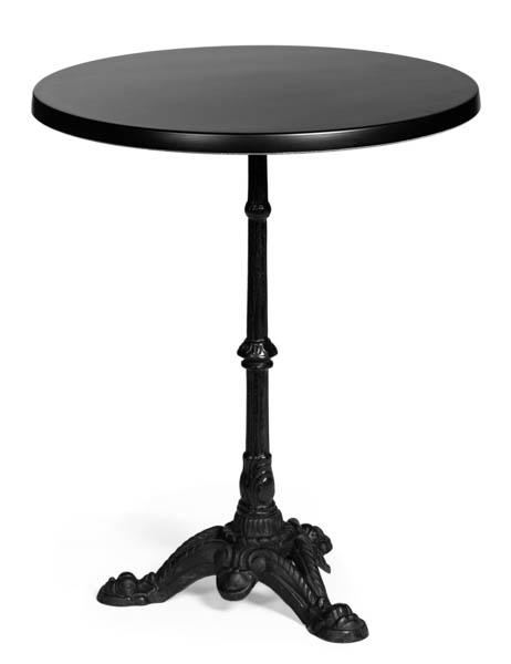 Antiikkijalkainen koottava kahvipöytä, pöydän jalka on mustaa metallia ja kuvassa pyöreä 60cm musta kansi (saatavilla useita eri kansivaihtoehtoja)