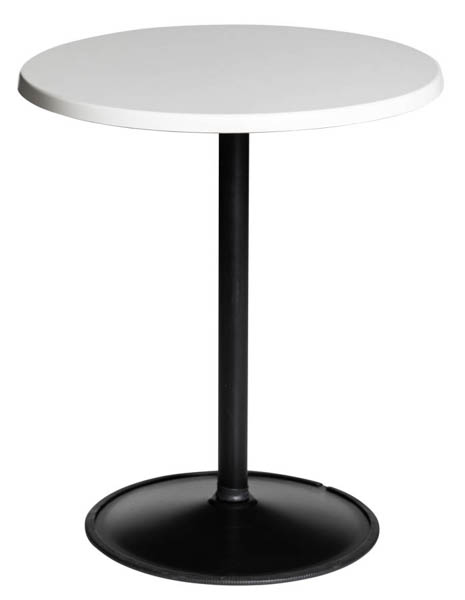 Kahvipöytä jossa on valkoinen 60cm pyöreä kansi ja kokomusta metallinen jalka