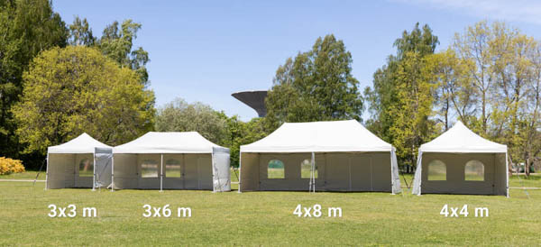 Neljä eri telttakokoa kuvassa johon on merkattu telttojen mitat