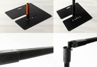 PD-telineen toiminnallisia kohtia ovat painolevy johon pystyputki nostetaan peikoilleen sekä pysty- ja vaakaputkien liitoskohta sekä putkien teloskooppiominaisuudet PD-telineen osia ja liitoksia kuvakollaasissa