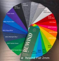 Rewind Flat --messumaton väriviuhka sekä värien nimet ja värikoodit