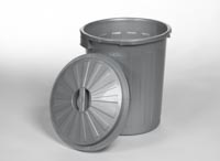 Rompe-roskatynnyri, harmaa muovinen roskasäiliö/jäteastia jossa on irtokansi (kuvassa pois paikoiltaan) Rompe-roskatynnyri, harmaa muovinen roskasäiliö/jäteastia jossa on irtokansi