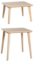 Suorakaidepöytä Saarni, puuta, koko S (Kaksi S-kokoista (70x70 cm) Saarni-vuokrapöytää korkeilla ja matalilla jaloilla)