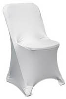 Klaffi-taittotuoleihin on saatavilla myös tuolihuppuja Klaffi-taittotuoli jossa on valkoinen tuolihuppu päällä