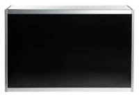 Mustan levyn ja metallisen alumiinirakenteen yhdistelmä on visuaalisesti tasapainoinen kokonaisuus Alumiinirakenteinen messutiski edestä päin mustalla levyllä