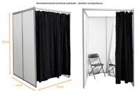 Kaksi kuvaa pukukopista mittoineen ja sisutusesimerkki tuolin ja peilin kanssa Kaksi kuvaa pukukopista mittoineen ja sisutusesimerkki tuolin ja peilin kanssa