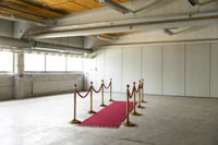 Messinkisiä Gala kulunohjaimia punaisella köydellä molemmin puolin punaista mattoa ketjutettuna